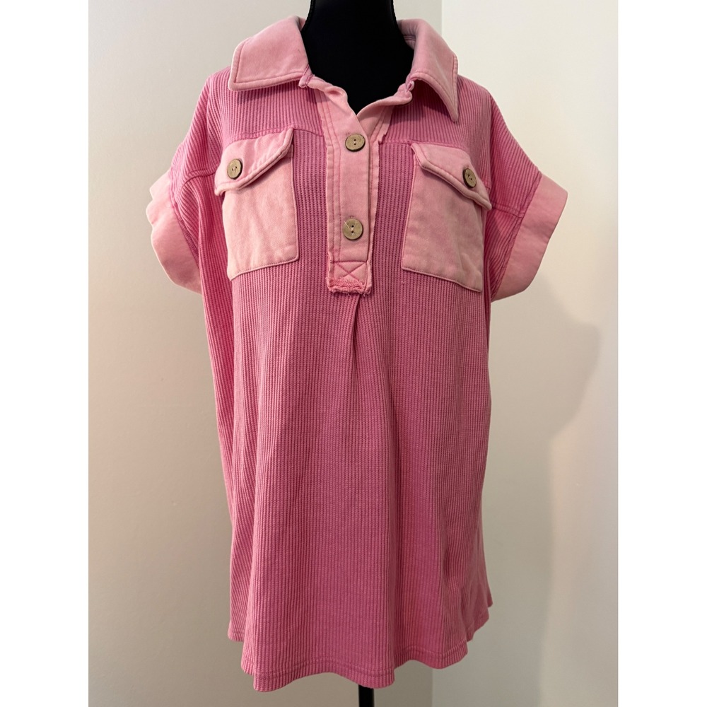Oddi Pink Waffle Knit Short Sleeve Henley Top Oversized 2XL IT14757P
